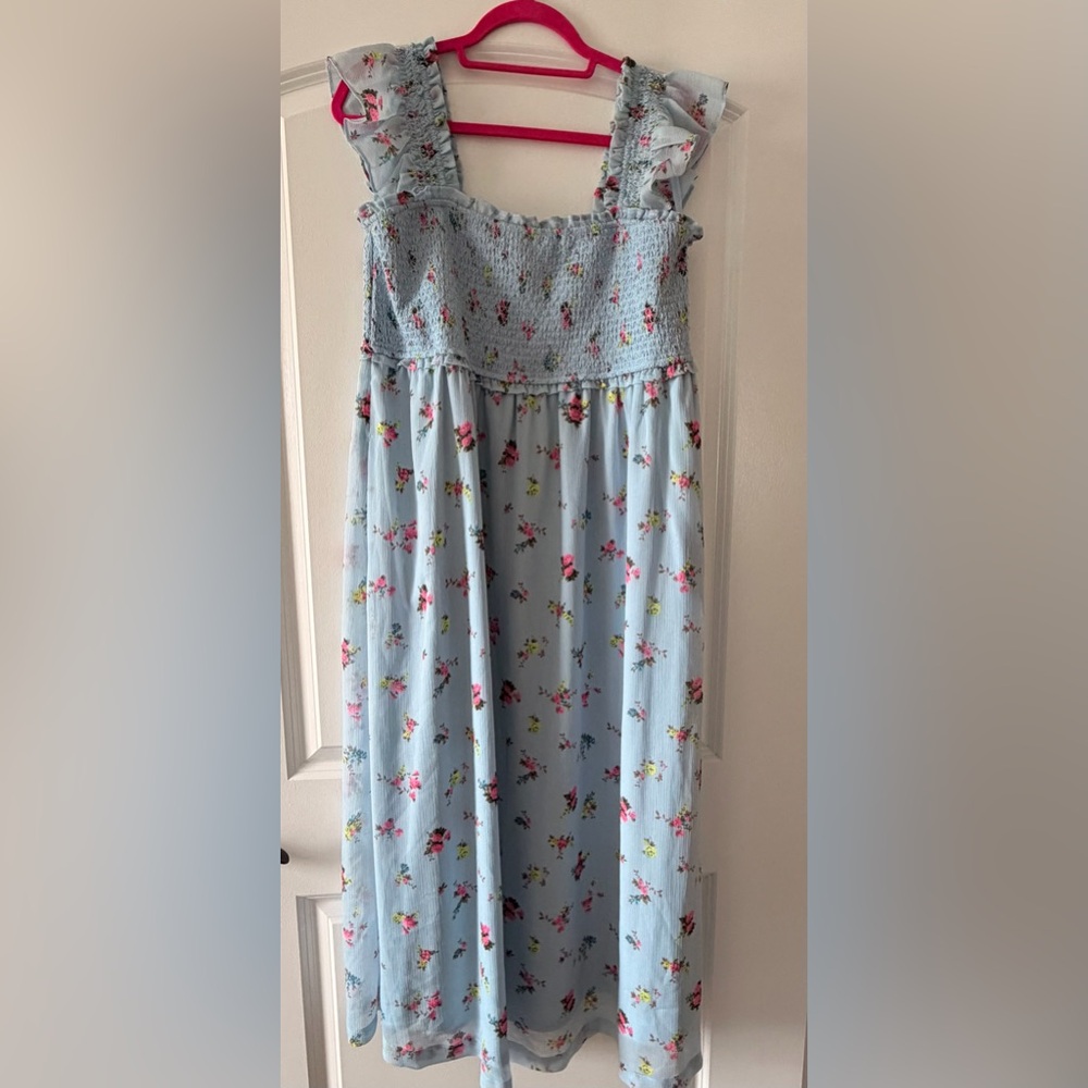 Motherhood Maternity Blue Floral Ruffle Shoulder Smocked Maxi Dress size XL NWOT